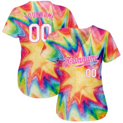 Custom Tie Dye Rainbow Baseball Jersey - White-Pink 3D Watercolor Design Authentic Jersey Custom Tie Dye White-Pink 3D Watercolor