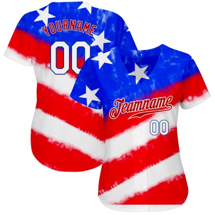 3D American Flag Tie Dye Baseball Jersey White-Royal Custom Design Custom Tie Dye White-Royal 3D American Flag Authentic