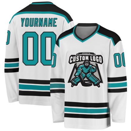 Custom Aqua Black Personalized Hockey Jersey - Customizable Sports Apparel Custom White Aqua-Black Hockey Jersey
