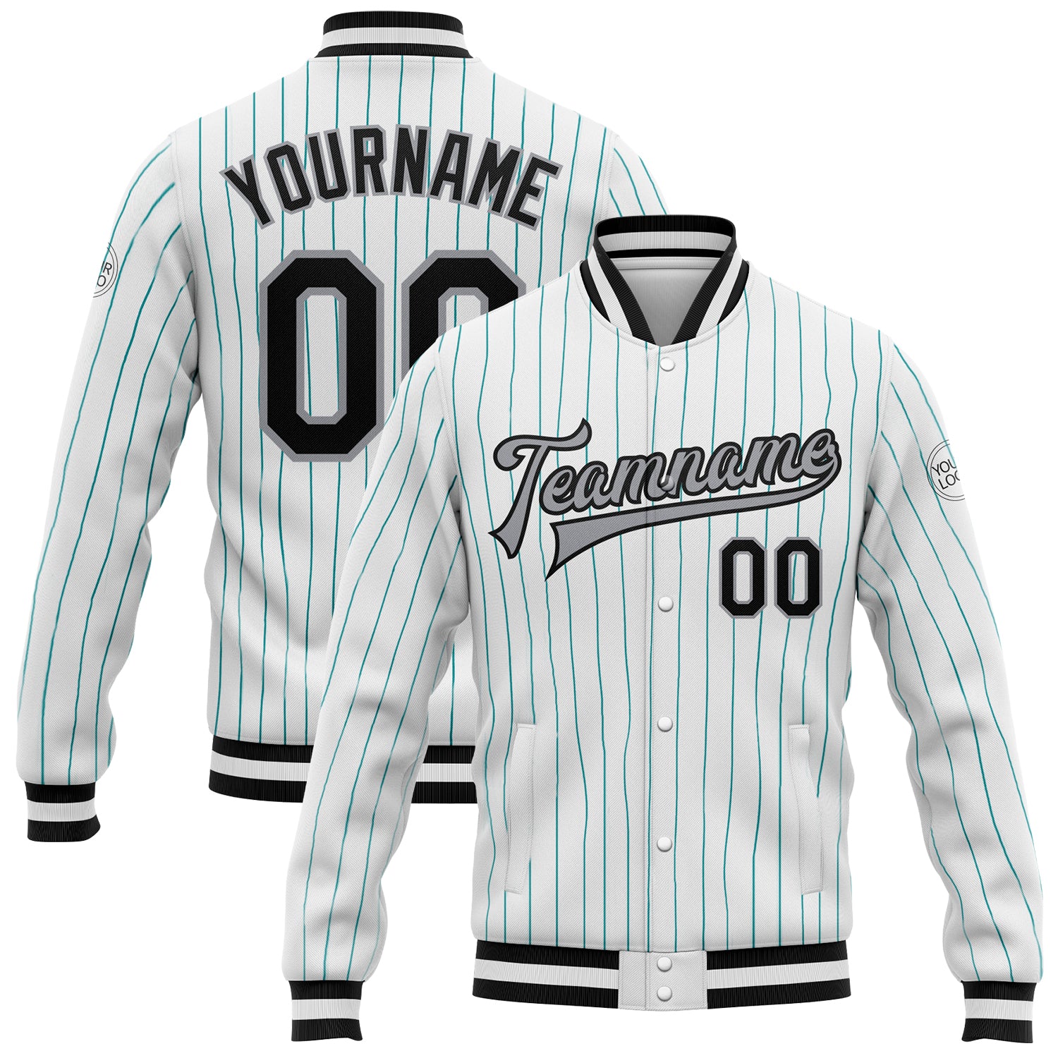 Custom White Aqua Pinstripe Bomber Jacket - Black Gray Full-Snap Varsity Letterman Custom White Aqua Pinstripe Black-Gray