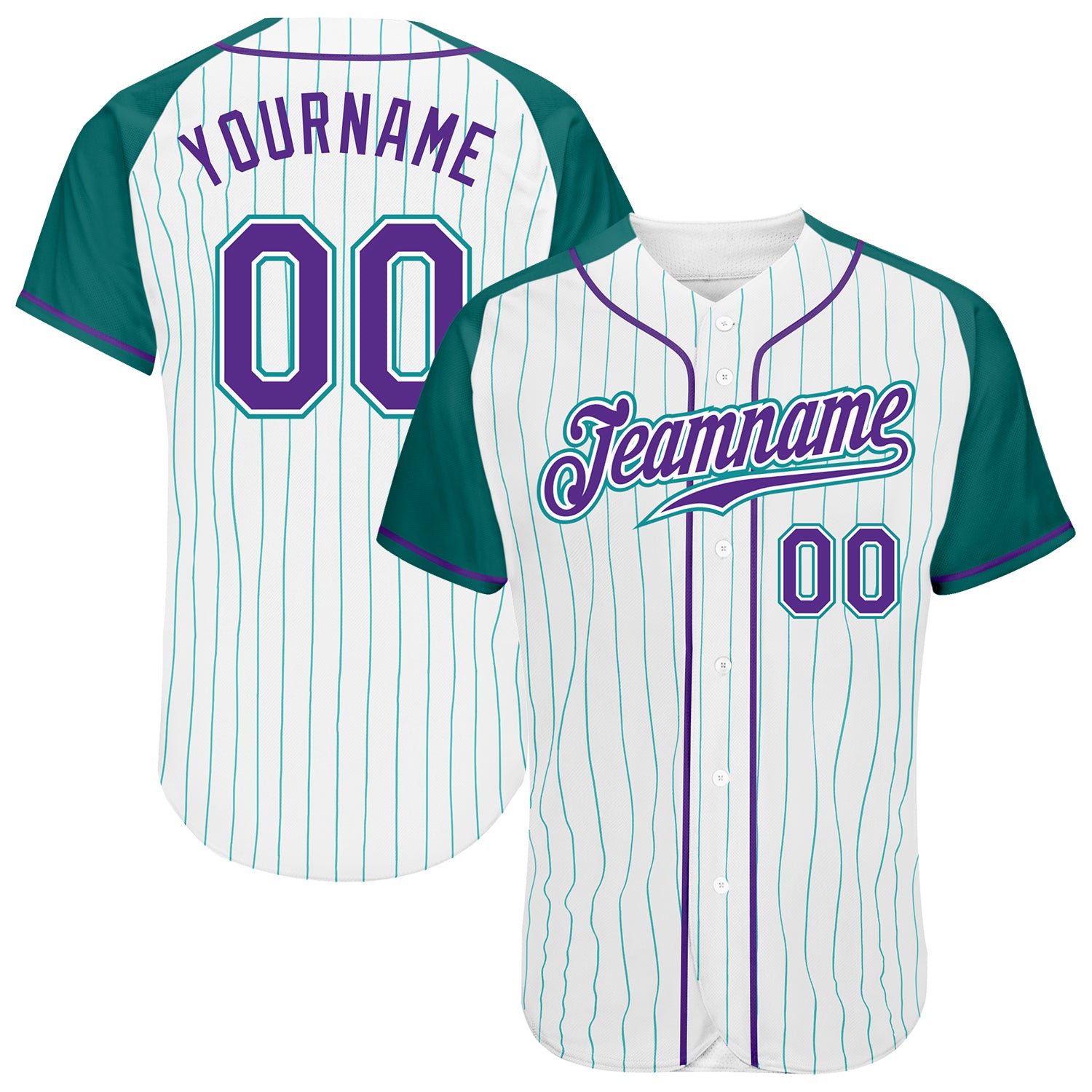 Custom Purple Aqua Pinstripe Baseball Jersey - Authentic Raglan Sleeves Custom White Aqua Pinstripe Purple-Aqua Authentic