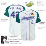 Custom Purple Aqua Pinstripe Baseball Jersey - Authentic Raglan Sleeves Custom White Aqua Pinstripe Purple-Aqua Authentic