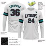 Custom Long Sleeve Performance T-Shirt - White Black Crimson Aqua Design Custom White Black Crimson-Aqua Long Sleeve Performance