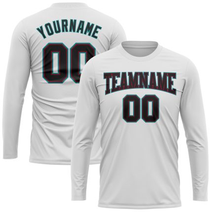 Custom Long Sleeve Performance T-Shirt - White Black Crimson Aqua Design Custom White Black Crimson-Aqua Long Sleeve Performance