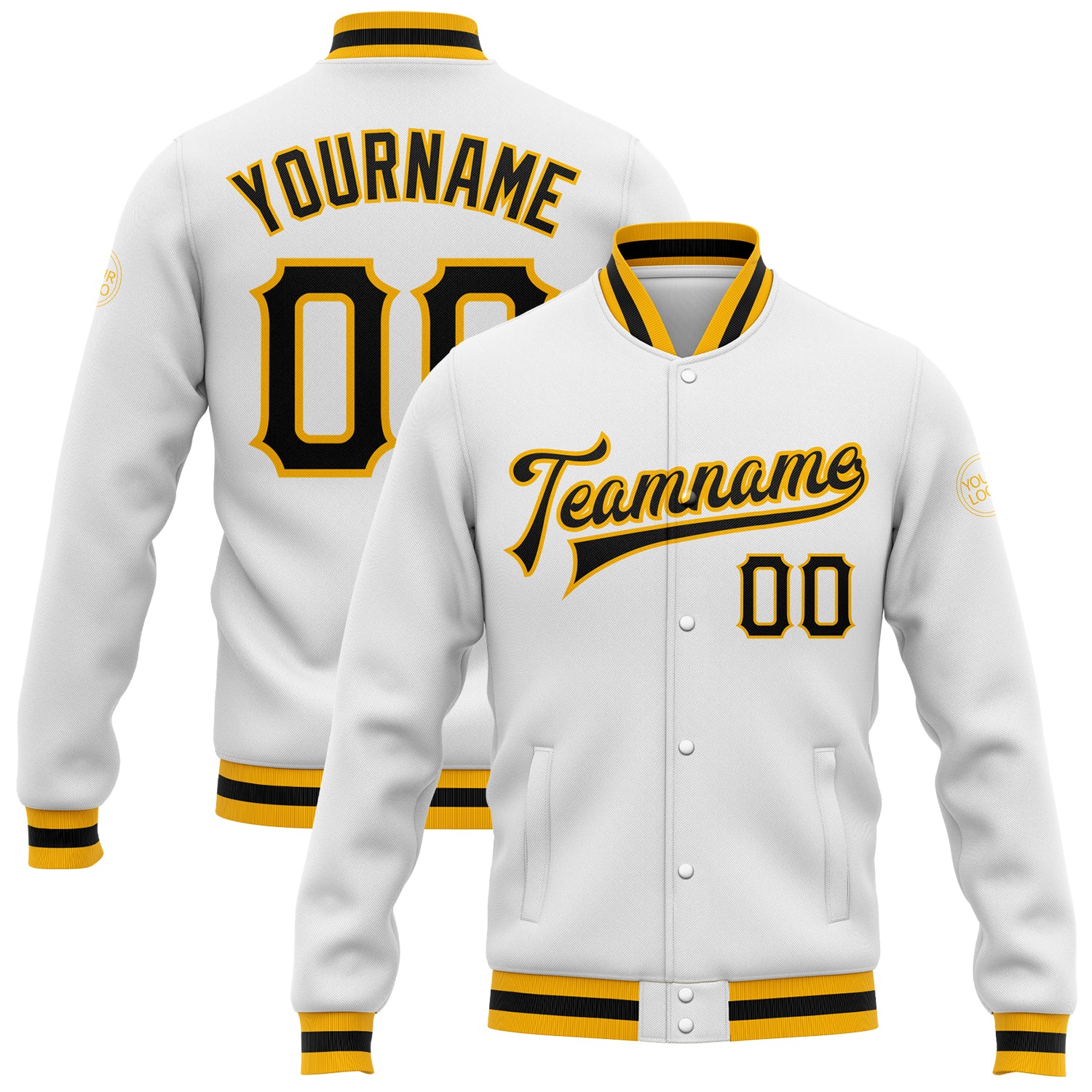 Custom Black Gold Bomber Varsity Jacket Full-Snap Letterman Style Custom White Black-Gold Bomber Full-Snap Varsity Letterman