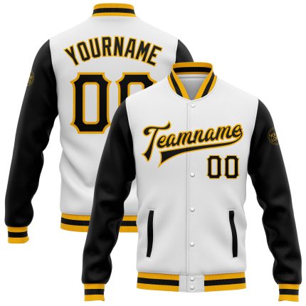 Custom Bomber Jacket Black Gold Two Tone Varsity Full-Snap Letterman Style Custom White Black-Gold Bomber Full-Snap Varsity