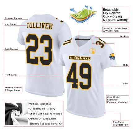 Custom Authentic Football Jersey in White Black and Gold Mesh Custom White Black-Gold Mesh Authentic Football Jersey