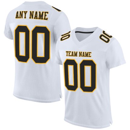 Custom Authentic Football Jersey in White Black and Gold Mesh Custom White Black-Gold Mesh Authentic Football Jersey