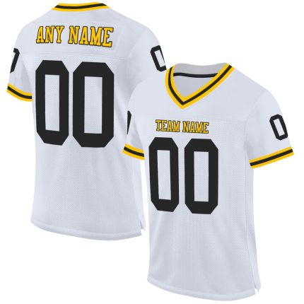 Custom Authentic Throwback Football Jersey - White Black-Gold Mesh Design Custom White Black-Gold Mesh Authentic Throwback
