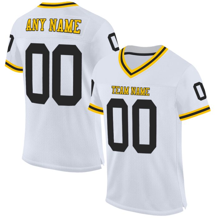 Custom Authentic Throwback Football Jersey - White Black-Gold Mesh Design Custom White Black-Gold Mesh Authentic Throwback