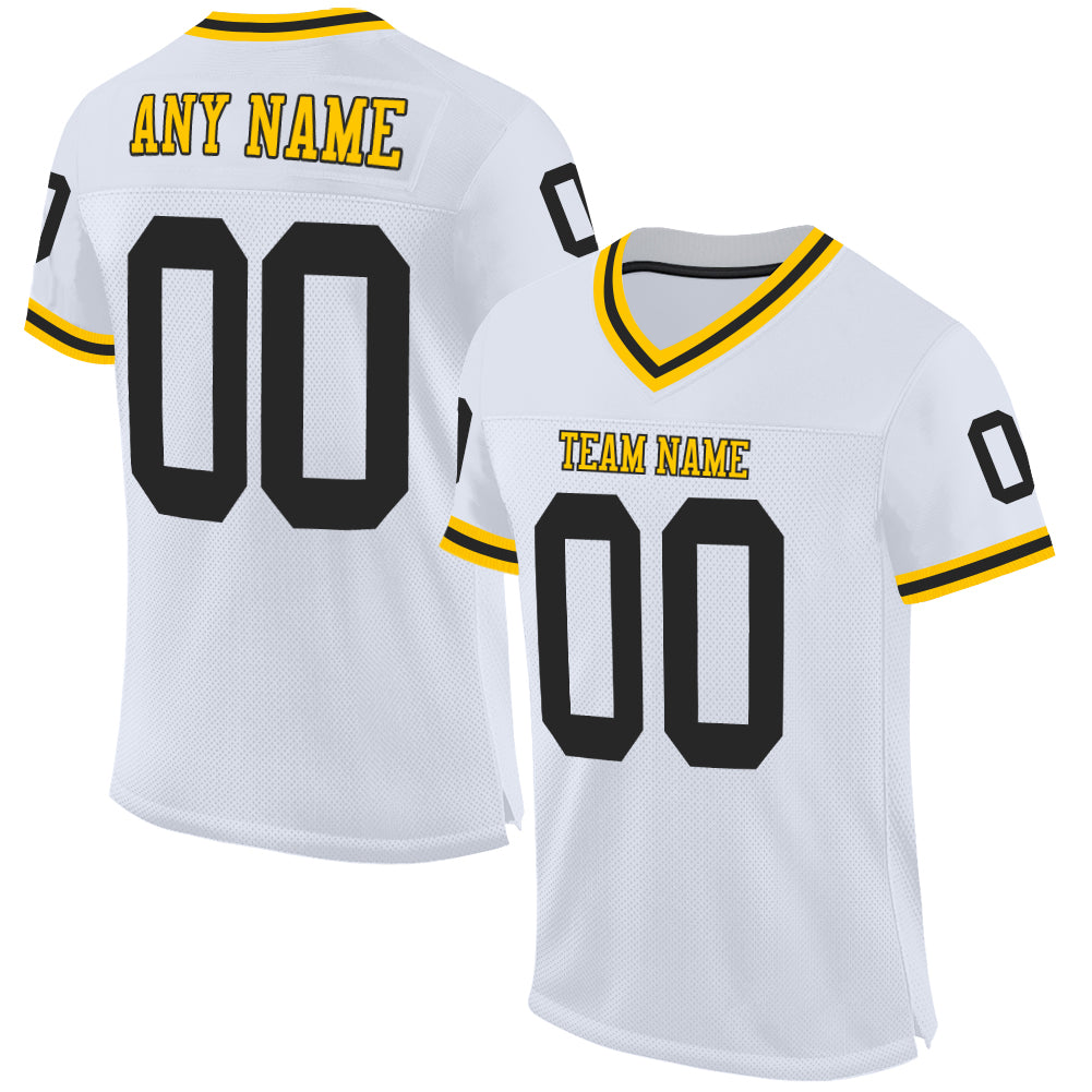 Custom Authentic Throwback Football Jersey - White Black-Gold Mesh Design Custom White Black-Gold Mesh Authentic Throwback