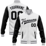 Custom Two Tone Varsity Letterman Jacket - White Black Gray Bomber Full-Snap Style Custom White Black-Gray Bomber Full-Snap