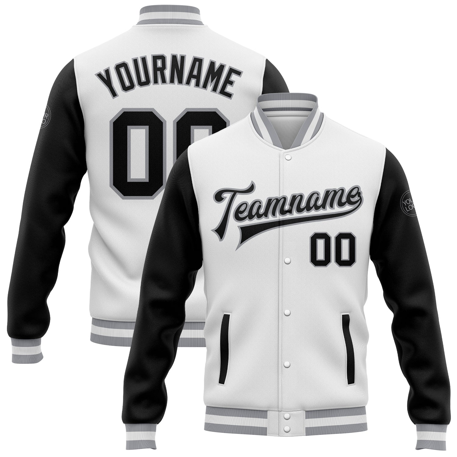 Custom Two Tone Varsity Letterman Jacket - White Black Gray Bomber Full-Snap Style Custom White Black-Gray Bomber Full-Snap