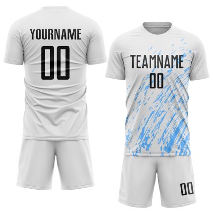 Custom Sublimation Soccer Uniform Jersey in White, Black, and Light Blue Custom White Black-Light Blue Sublimation Soccer