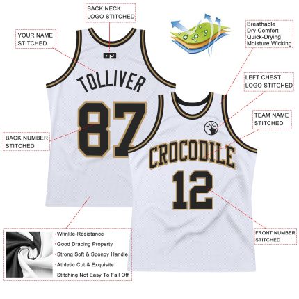 Custom black, white and old gold throwback basketball jersey, back view
