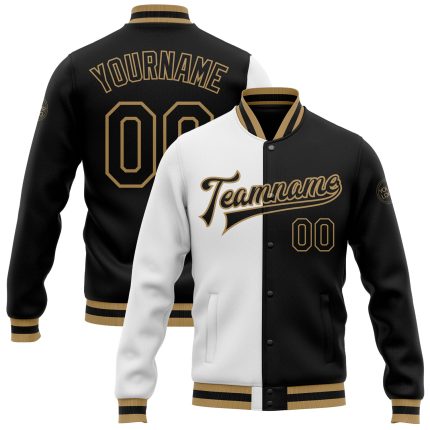 Custom Bomber Jacket White Black Old Gold Varsity Full-Snap Fashion Letterman Custom White Black-Old Gold Bomber Full-Snap