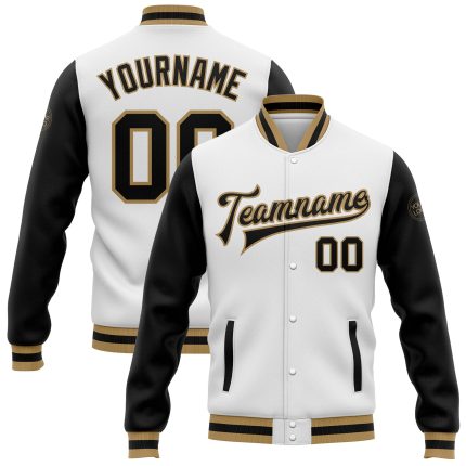 Custom Varsity Letterman Jacket - White Black Old Gold Bomber Full-Snap Two Tone Apparel Custom White Black-Old Gold Bomber