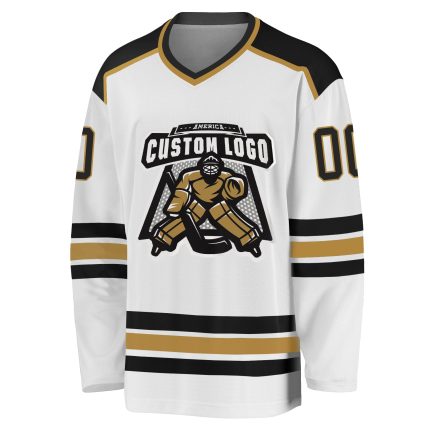 Custom black, gold and white hockey jersey, back view