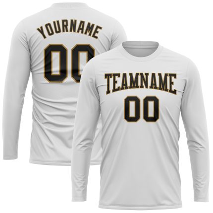 Custom Long Sleeve Performance T-Shirt in White and Black with Old Gold Accents Custom White Black-Old Gold Long Sleeve Performance