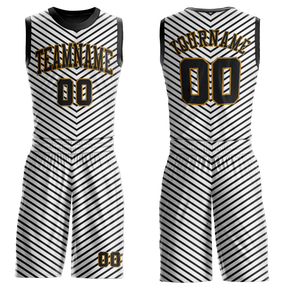 Custom Round Neck Basketball Jersey Sublimation Suit in White, Black, and Old Gold Custom White Black-Old Gold Round Neck