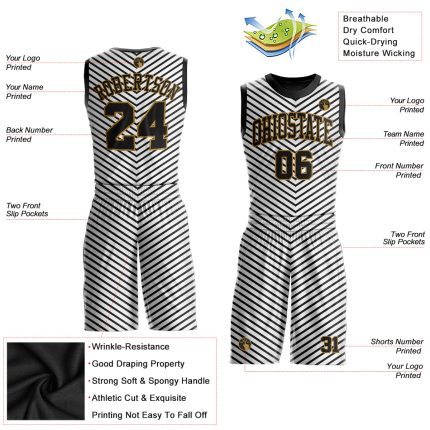 Custom Round Neck Basketball Jersey Sublimation Suit in White, Black, and Old Gold Custom White Black-Old Gold Round Neck