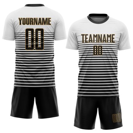 Custom Sublimation Soccer Jersey - White Black Old Gold Style 9490 Custom White Black-Old Gold Sublimation Soccer Uniform