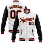 Black Orange Two Tone Varsity Letterman Bomber Jacket Custom Full-Snap Custom White Black-Orange Bomber Full-Snap Varsity