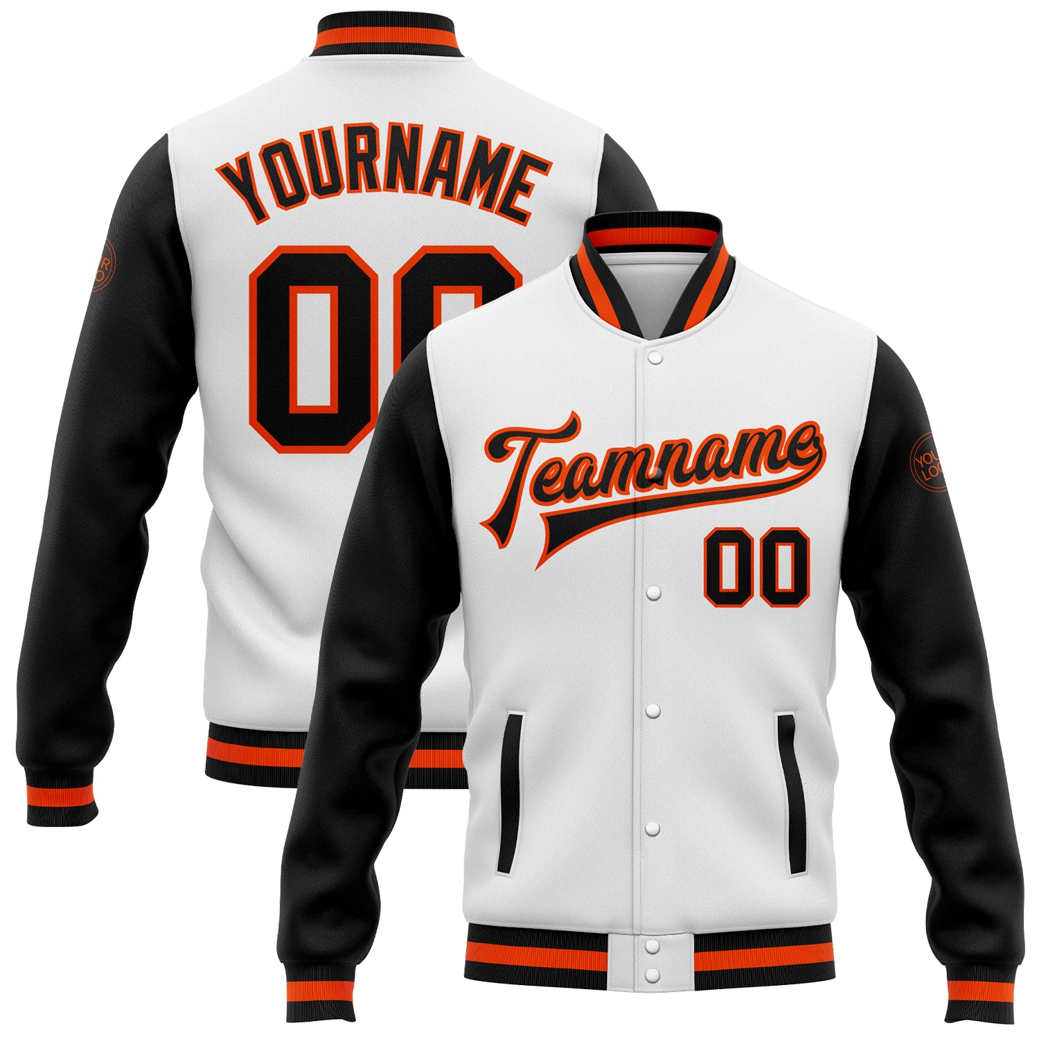Black Orange Two Tone Varsity Letterman Bomber Jacket Custom Full-Snap Custom White Black-Orange Bomber Full-Snap Varsity