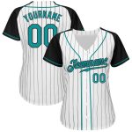 Custom Aqua Black Pinstripe Baseball Jersey with Raglan Sleeves - Authentic White Black Design Custom White Black Pinstripe