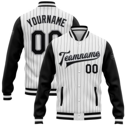 Custom Black Gray Pinstripe Varsity Letterman Bomber Jacket Full-Snap Two Tone Custom White Black Pinstripe Black-Gray Bomber