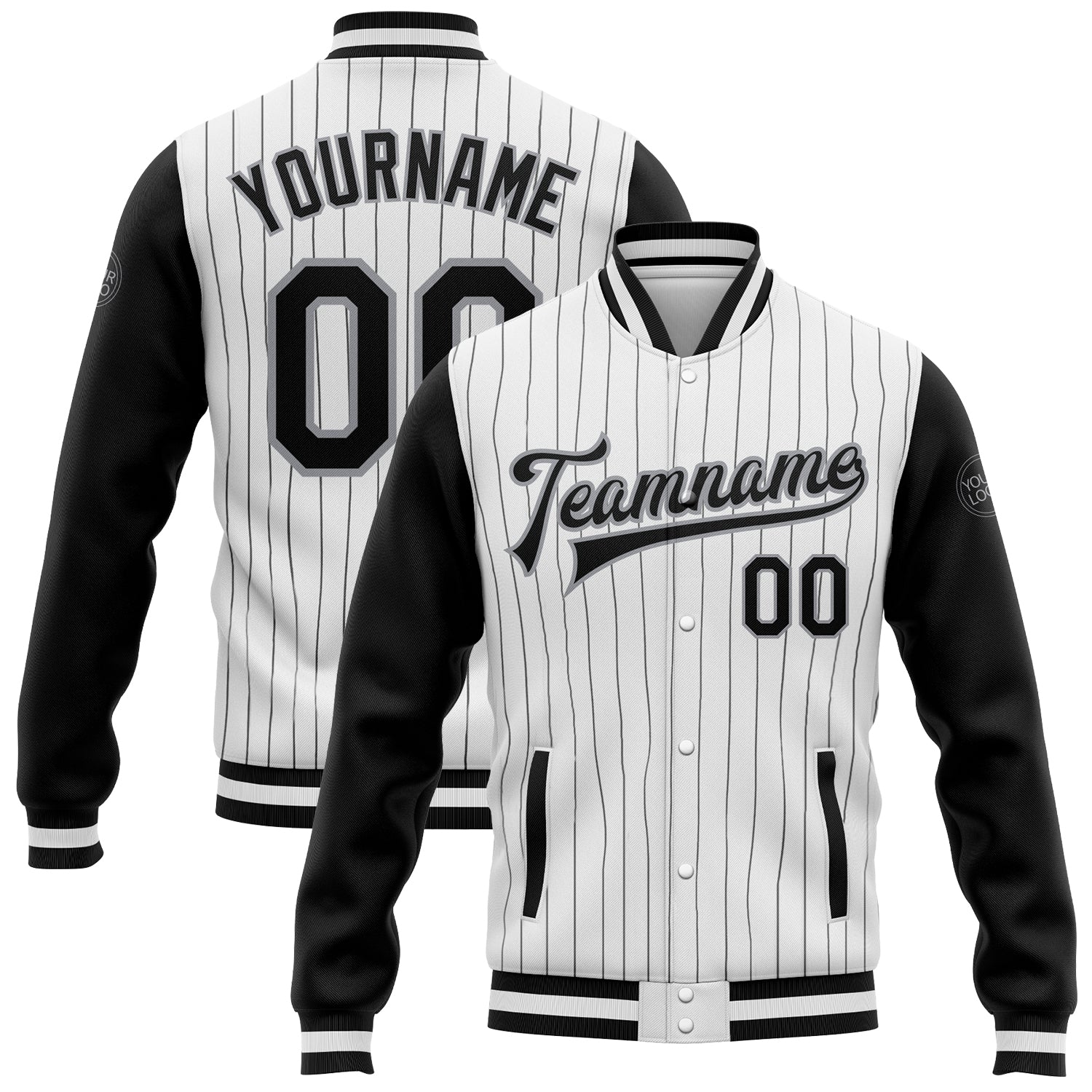 Custom Black Gray Pinstripe Varsity Letterman Bomber Jacket Full-Snap Two Tone Custom White Black Pinstripe Black-Gray Bomber