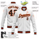Custom Black Orange Pinstripe Bomber Varsity Letterman Jacket - Full-Snap Design, Stylish Outerwear for Men Custom White