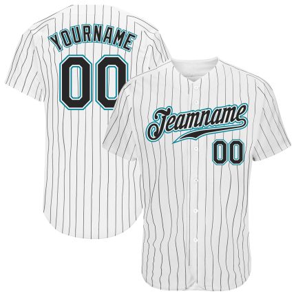 Custom Authentic Black-Teal Pinstripe Baseball Jersey in White and Black Custom White Black Pinstripe Black-Teal Authentic