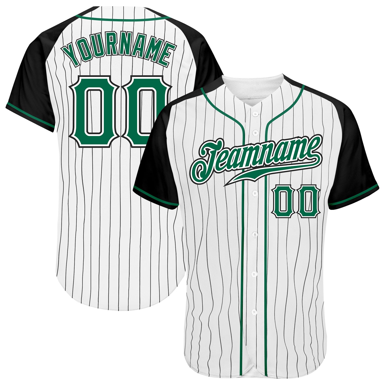 Custom White Black Pinstripe Kelly Green-Black Authentic Raglan Sleeves Baseball Jersey Custom Black White Pinstripe Baseball Jersey with Green Black Raglan Sleeves Authentic Design Custom White Black Pinstripe