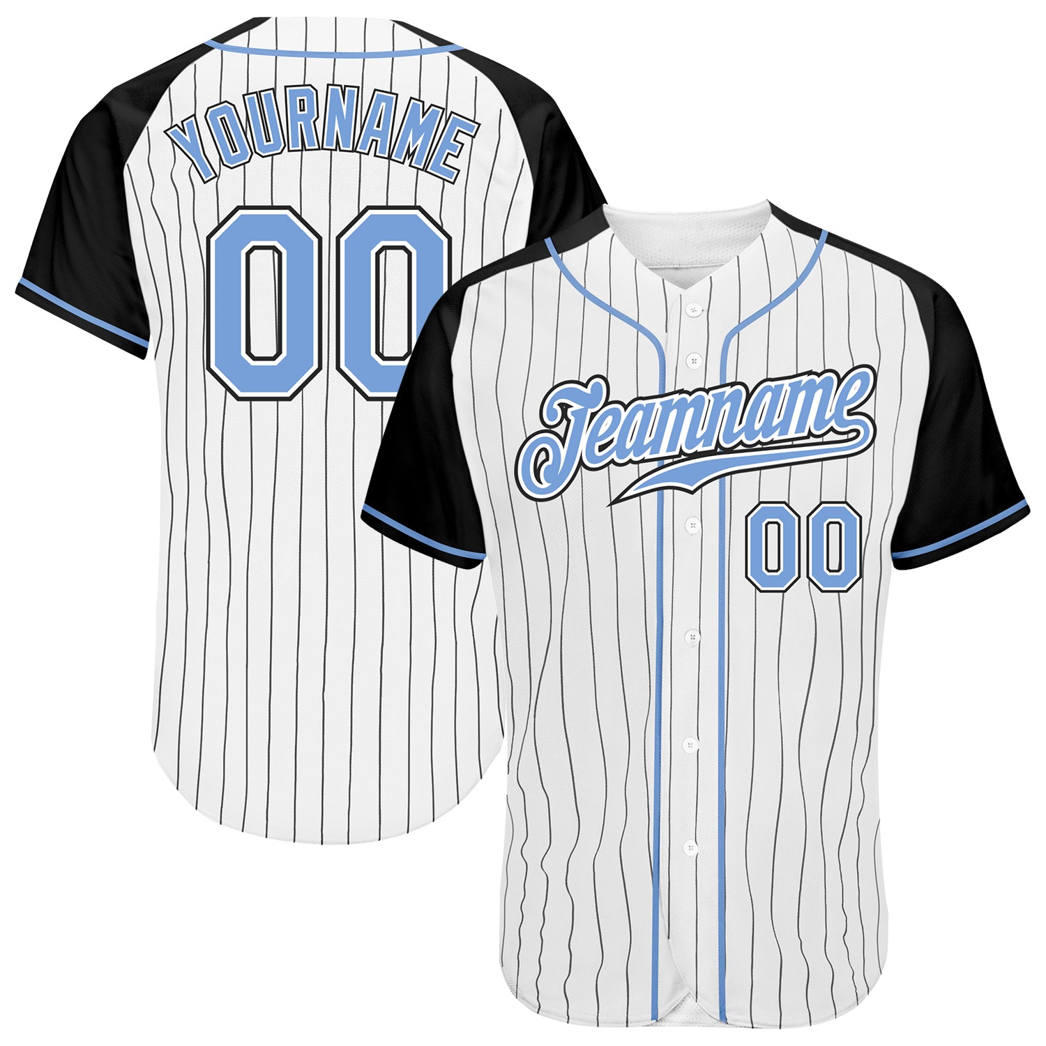 Custom White Black Pinstripe Light Blue-Black Authentic Raglan Sleeves Baseball Jersey Style 8281 Custom Light Blue Black Pinstripe Baseball Jersey with Authentic Raglan Sleeves - Style 8281 Custom White Black Pinstripe