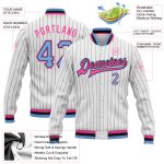 Custom Varsity Letterman Jacket Light Blue Black Pink Pinstripe Bomber Full-Snap Custom White Black Pinstripe Light Blue
