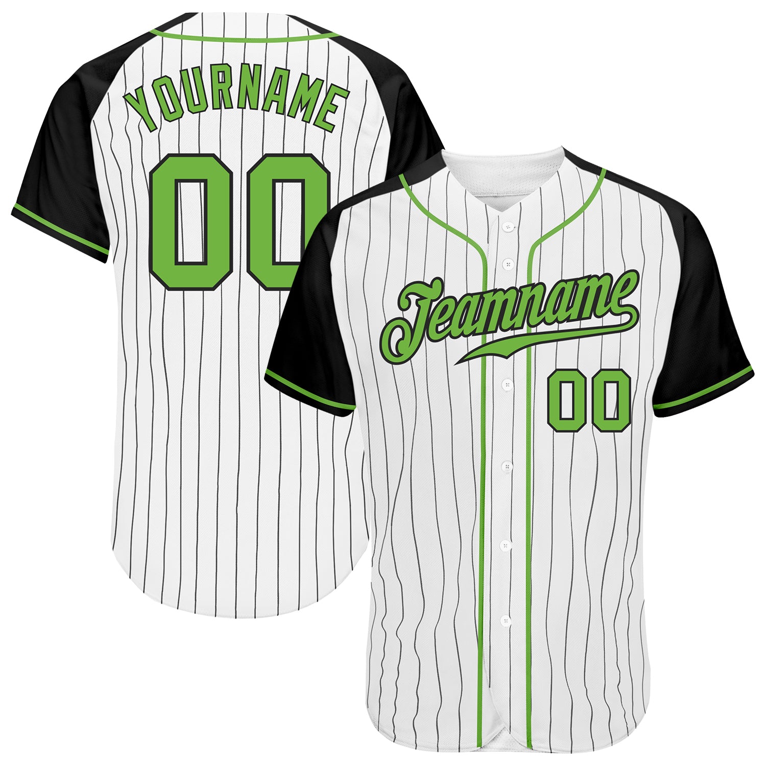 Custom Neon Green Black White Pinstripe Baseball Jersey with Authentic Raglan Sleeves Custom White Black Pinstripe Neon Green-Black