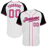 Custom Black Pink Pinstripe Baseball Jersey with Authentic Raglan Sleeves Custom White Black Pinstripe Pink-Black Authentic