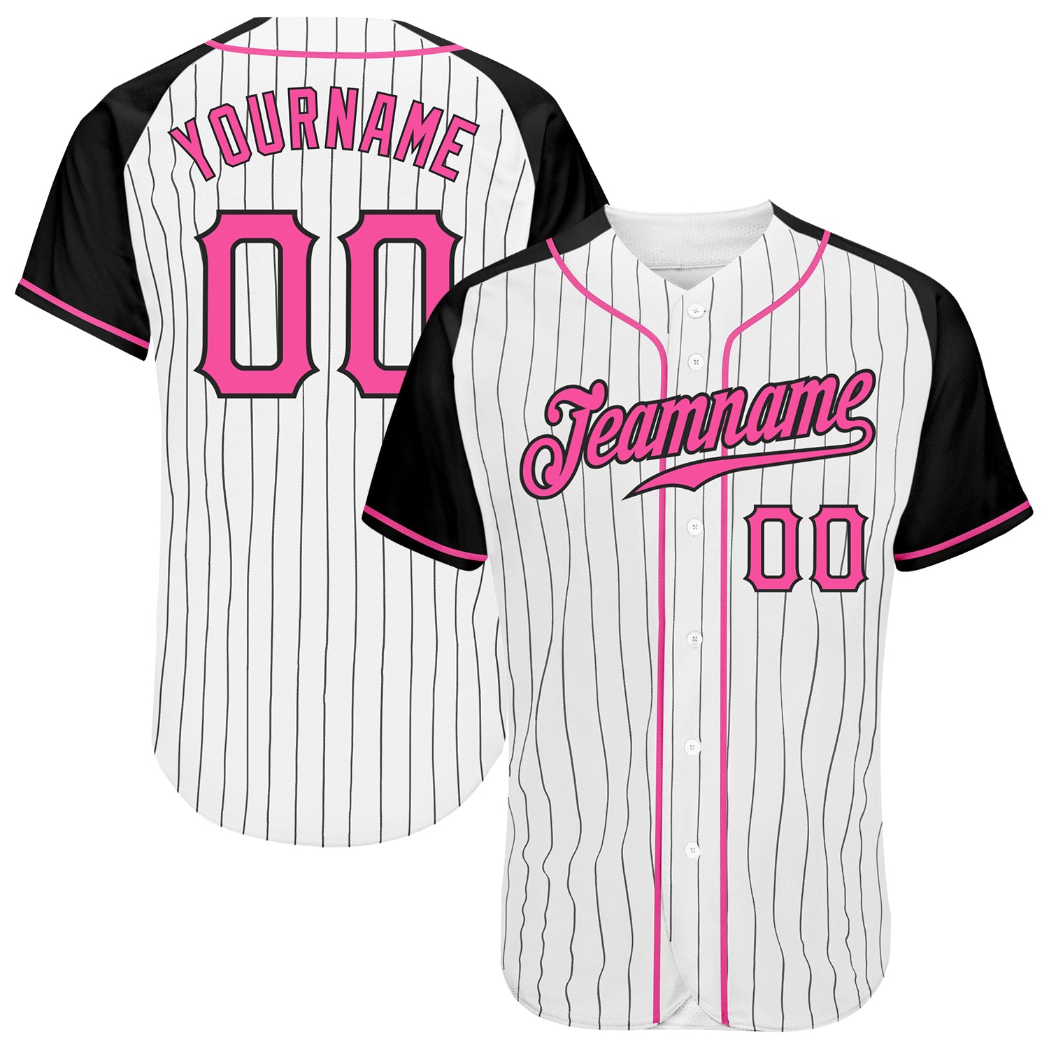 Custom White Black Pinstripe Pink-Black Authentic Raglan Sleeves Baseball Jersey Custom Black Pink Pinstripe Baseball Jersey with Authentic Raglan Sleeves Custom White Black Pinstripe Pink-Black Authentic