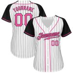Custom Black Pink Pinstripe Baseball Jersey with Authentic Raglan Sleeves Custom White Black Pinstripe Pink-Black Authentic