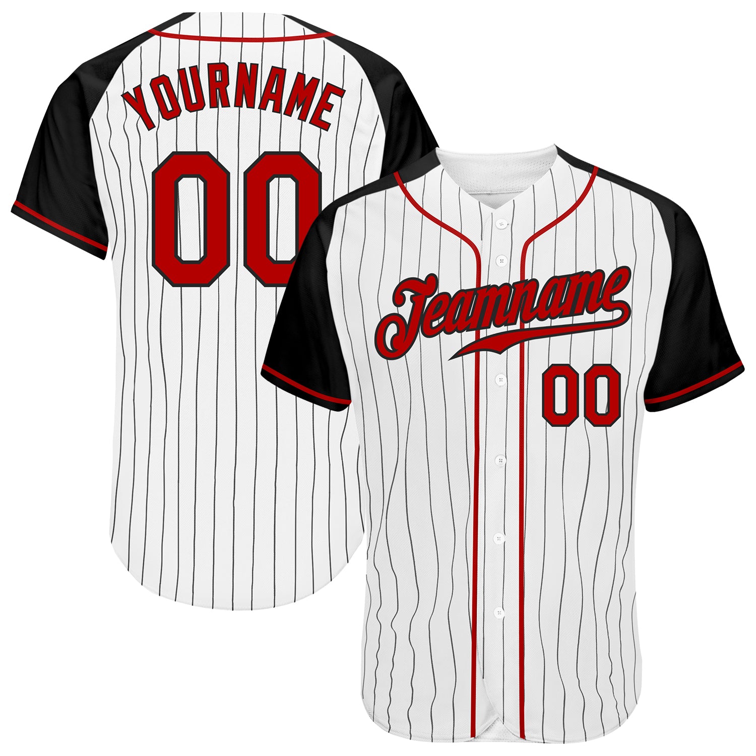 Custom red, black and white pinstripe raglan sleeve baseball jersey