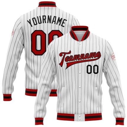 Custom Bomber Varsity Letterman Jacket Red-Black White Black Pinstripe Full-Snap Custom White Black Pinstripe Red-Black Bomber