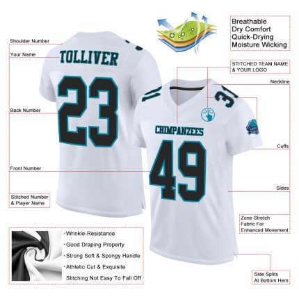 Custom Black Teal Mesh Football Jersey - Authentic Design, Personalized Style Custom White Black-Teal Mesh Authentic Football
