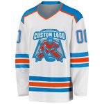 Custom white, blue and orange hockey jersey, back view