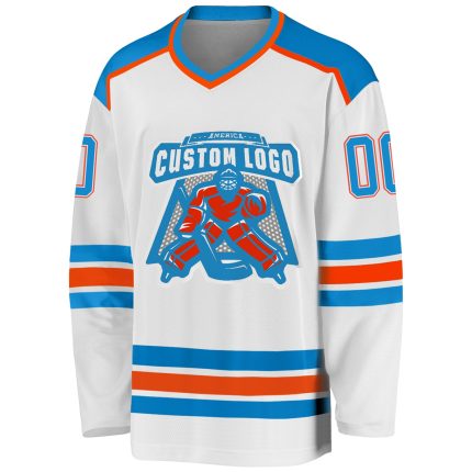 Custom white, blue and orange hockey jersey, back view