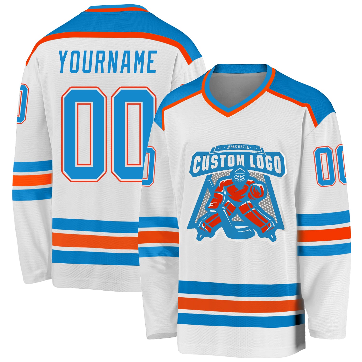 Custom white, blue and orange hockey jersey