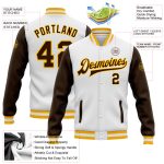 Custom Brown Gold Two Tone Full-Snap Varsity Letterman Bomber Jacket Custom White Brown-Gold Bomber Full-Snap Varsity Letterman