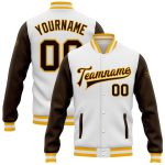 Custom Brown Gold Two Tone Full-Snap Varsity Letterman Bomber Jacket Custom White Brown-Gold Bomber Full-Snap Varsity Letterman