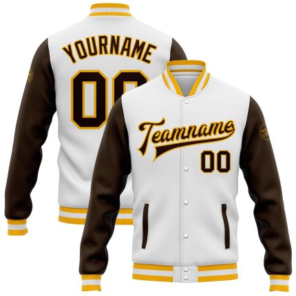 Custom Brown Gold Two Tone Full-Snap Varsity Letterman Bomber Jacket Custom White Brown-Gold Bomber Full-Snap Varsity Letterman