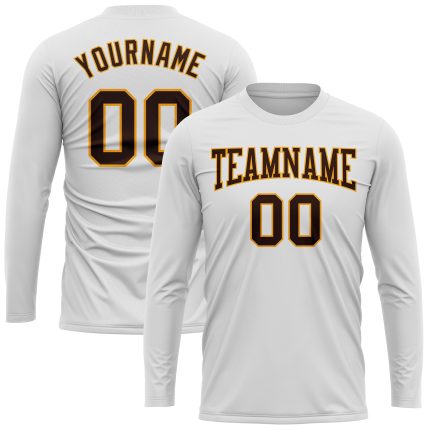 Custom Long Sleeve Performance T-Shirt in White and Brown-Gold for Men Custom White Brown-Gold Long Sleeve Performance T-Shirt